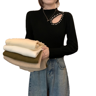 秋冬内搭加厚加绒半高领长袖毛衣打底衫镂空钉珠针织衫显瘦上衣女