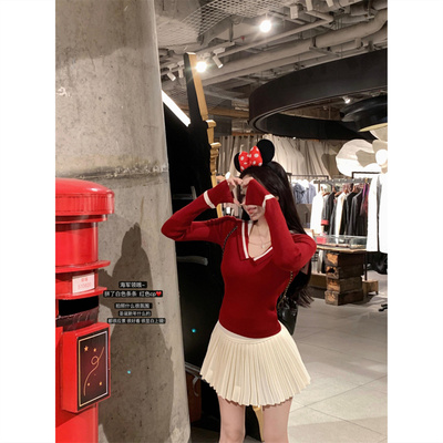 法式高级感气质红色毛衣女内搭秋冬娃娃领修身长袖打底针织衫上衣