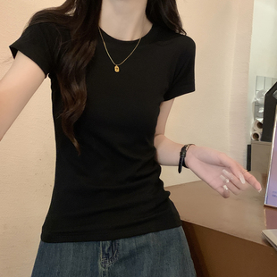 显瘦收腰上衣 正肩黑色纯棉短袖 t恤女夏季 美式 辣妹设计感小众修身