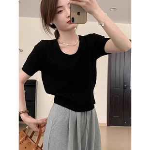 上衣 u领正肩黑色t恤女短袖 夏季 设计感小众修身 显瘦收腰冰丝针织衫