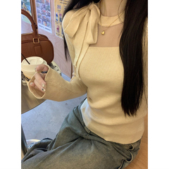 小众设计感蝴蝶结系带毛衣女秋冬修身显瘦内搭长袖打底针织衫上衣