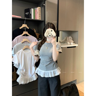 正肩圆领灰色t恤女短袖夏季修身显瘦小个子短款辣妹蕾丝花边上衣