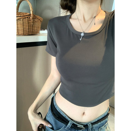 正肩t恤女短袖夏季美式辣妹短款设计感小众独特漂亮绝美露脐上衣