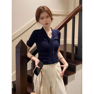 上衣 韩系飘带修身 短袖 针织t恤女夏季 收腰显瘦气质轻熟小众不撞款