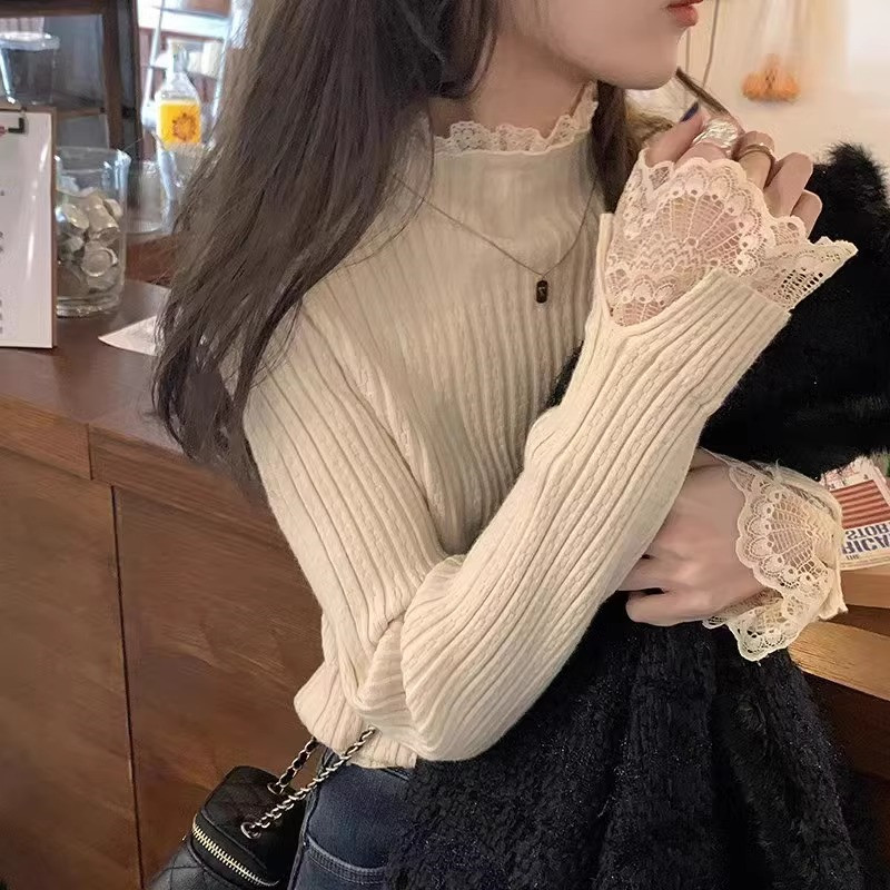 蕾丝花边打底衫女内搭秋冬季半高领长袖针织衫上衣高级设计感毛衣,女装/女士精品,毛针织衫,淘宝优惠券,粉丝福利购,淘宝优惠卷