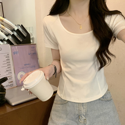 白色正肩纯棉短袖t恤女夏季圆领修身显瘦短款收腰设计感小众上衣