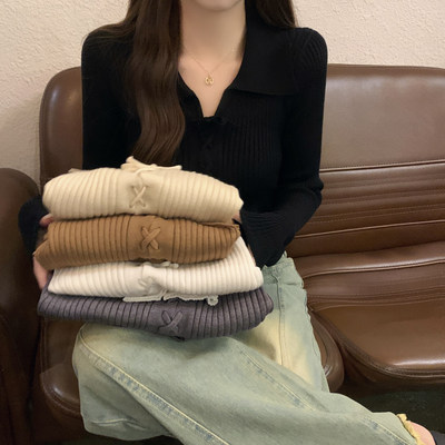秋冬季设计感修身短款长袖针织衫上衣黑色显瘦Polo领毛衣女打底衫
