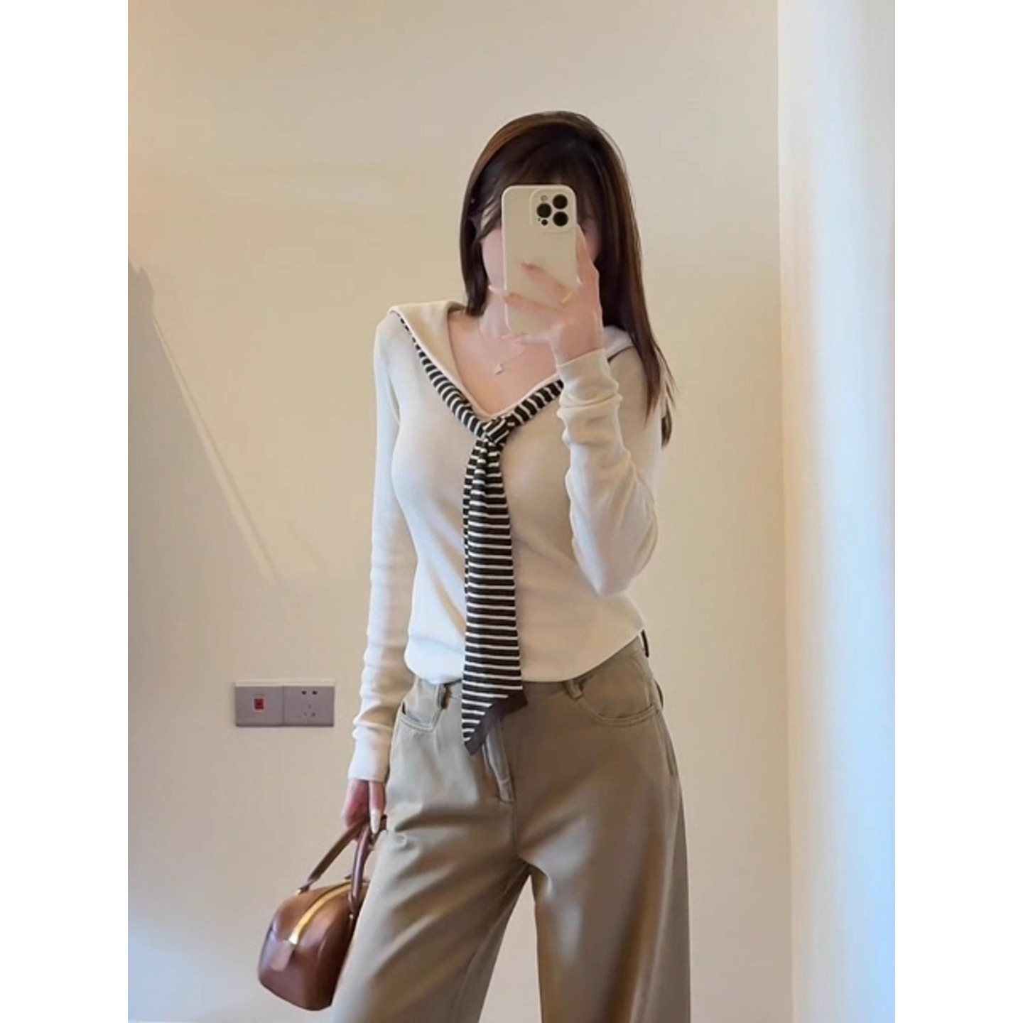 韩系气质海军领条纹披肩长袖针织衫上衣女春秋冬季内搭毛衣打底衫