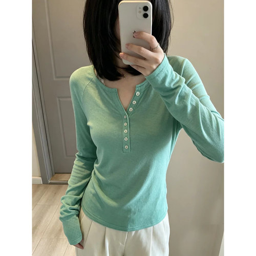 韩系绿色亨利领长袖t恤女春秋季修身显瘦内搭毛衣打底针织衫上衣