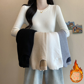 打底针织衫 秋冬圆领修身 紧身长袖 上衣可外穿加厚一体绒白色毛衣女