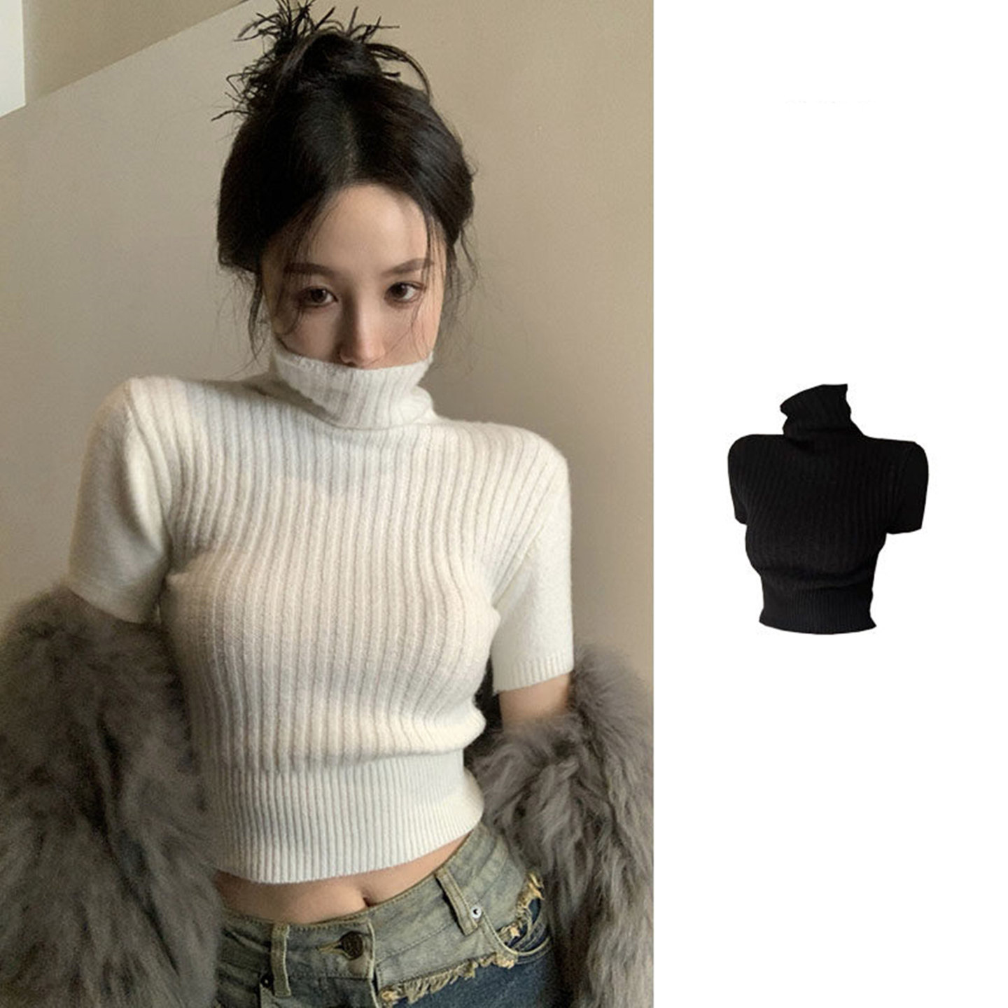 白色短袖高领内搭针织衫女秋冬高级感软糯毛衣打底衫收腰短款上衣图片