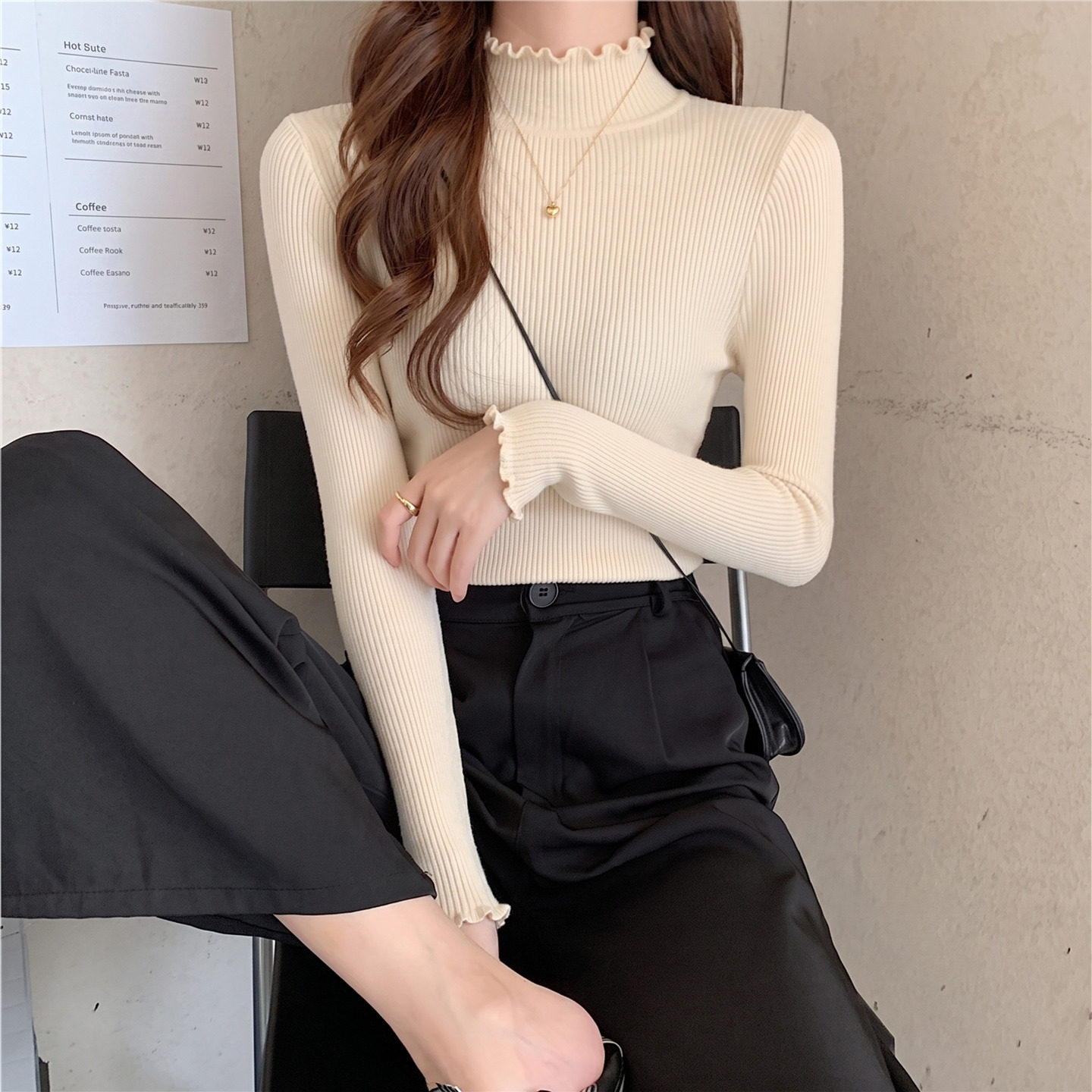 木耳边打底衫女春秋内搭修身百搭毛衣2026新款半高领长袖针织上衣