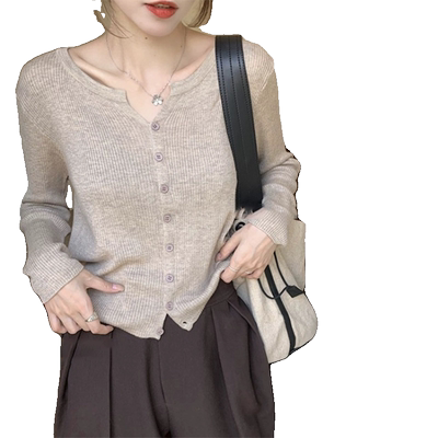 修身短款长袖针织开衫毛衣外套女