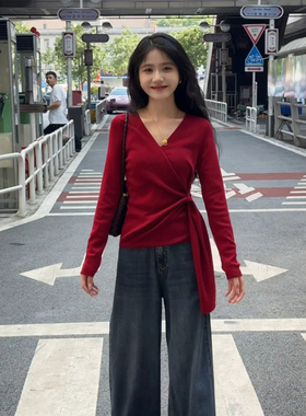 红色毛衣女内搭春秋设计感不规则修身收腰短款长袖打底针织衫上衣