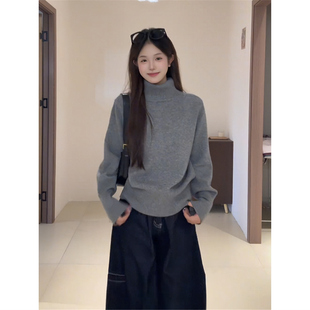 秋冬保暖内搭灰色针织衫女秋冬高领加厚打底毛衣百搭宽松长袖上衣