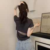 褶皱收腰镂空露背上衣小衫 正肩t恤女短袖 短款 设计感小众修身 夏季