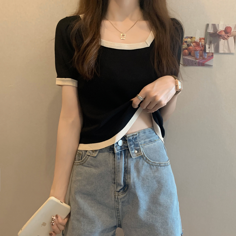 夏季2025新款百搭修身薄款打底针织衫女短袖短款冰丝t恤上衣ins潮
