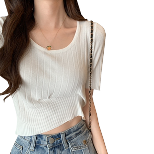 2026新款夏季薄款冰丝打底针织衫女短袖修身显瘦短款别致t恤上衣