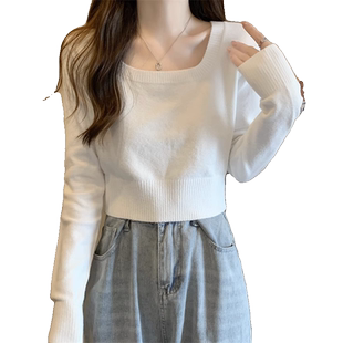 春秋季法式方领修身紧身长袖打底针织衫上衣小个子短款毛衣女内搭