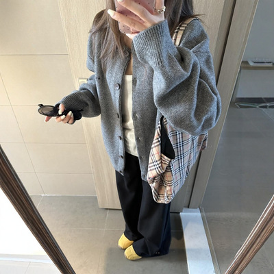 灰色针织开衫女秋冬季宽松慵懒风休闲百搭高级感外搭毛衣外套上衣