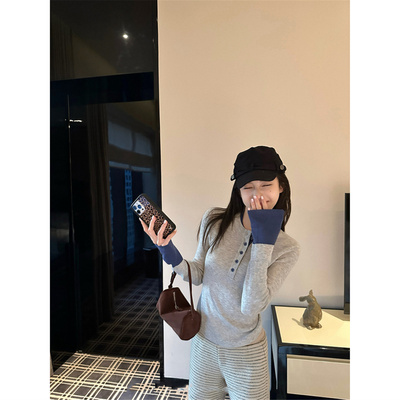 春秋冬季修身打底针织衫上衣高级设计感小众假两件长袖毛衣女内搭