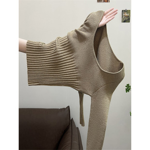 秋冬法式方领修身收腰短款辣妹咖色毛衣女内搭长袖打底针织衫上衣