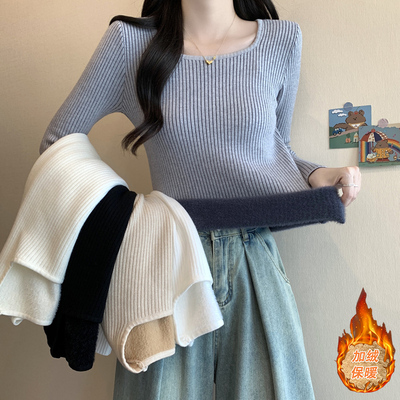 秋冬季方领紧身长袖打底针织衫上衣加厚一体绒保暖灰色毛衣女内搭