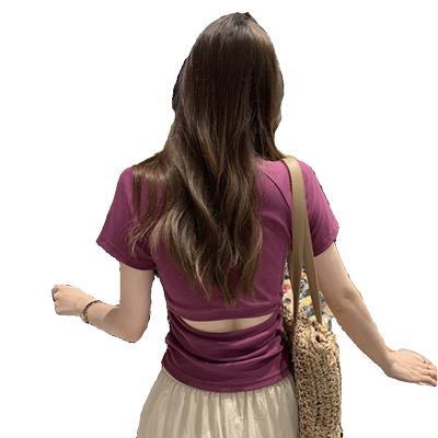 夏季后背镂空辣妹短款正肩t恤女短袖设计感圆领修身褶皱收腰上衣