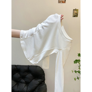 圆领白色t恤女长袖春秋冬新款辣妹修身收腰小个子德绒打底衫上衣