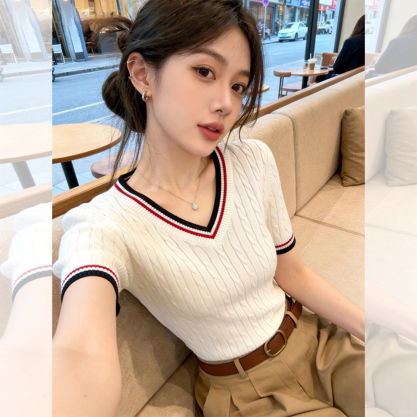 撞色v领麻花短袖针织衫女夏季2026新款小个子超好看修身短款上衣