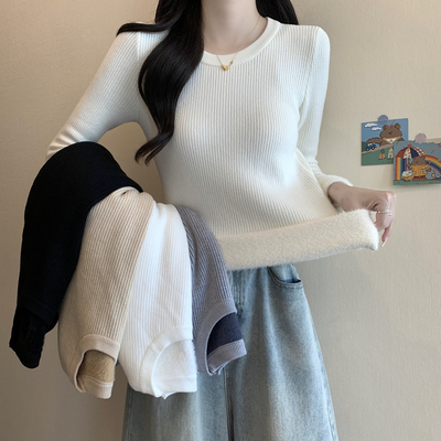 秋冬2025新款圆领百搭修身长袖打底针织衫上衣加厚加绒内搭毛衣女