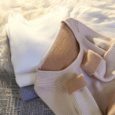 秋冬方领修身长袖打底针织衫上衣设计感小众加厚加绒内搭毛衣女士