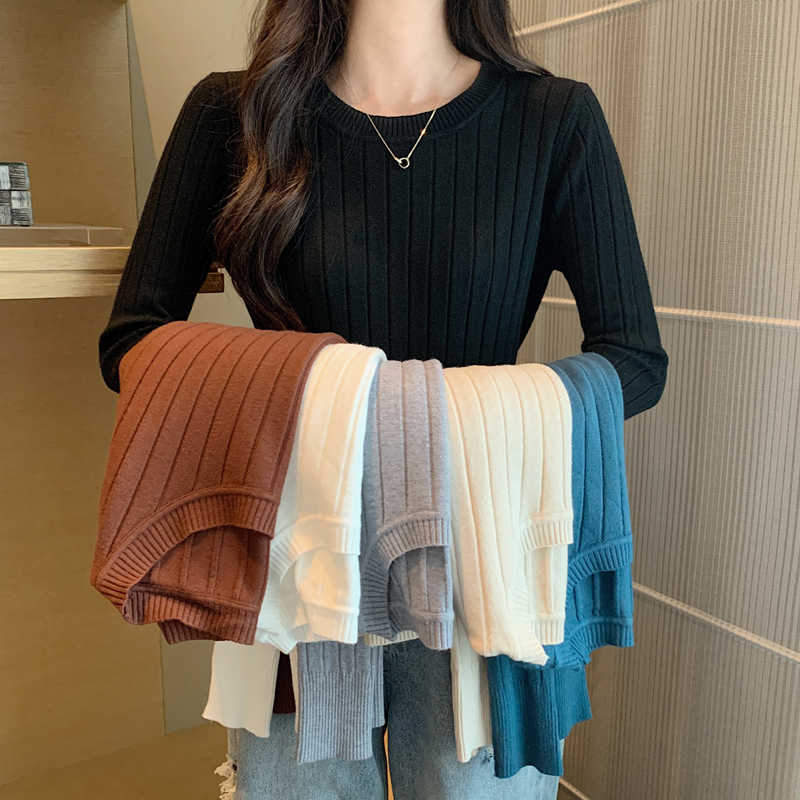 春秋薄款洋气修身紧身圆领毛衣女士打底衫秋冬内搭长袖针织衫上衣