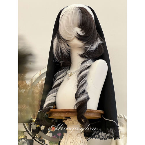 哥特风黑白拼色水母头卷发jk头套