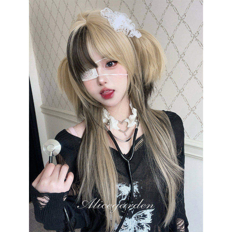 AG假发女长发网红『芥末鱼丸』辣妹亚裔风jk挑染抓夹长直发全头套