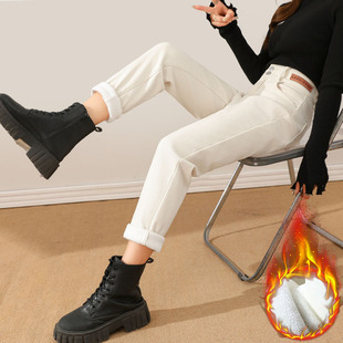 子 哈伦裤 长美人米白色牛仔裤 女高腰加长高个子175加绒萝卜老爹裤