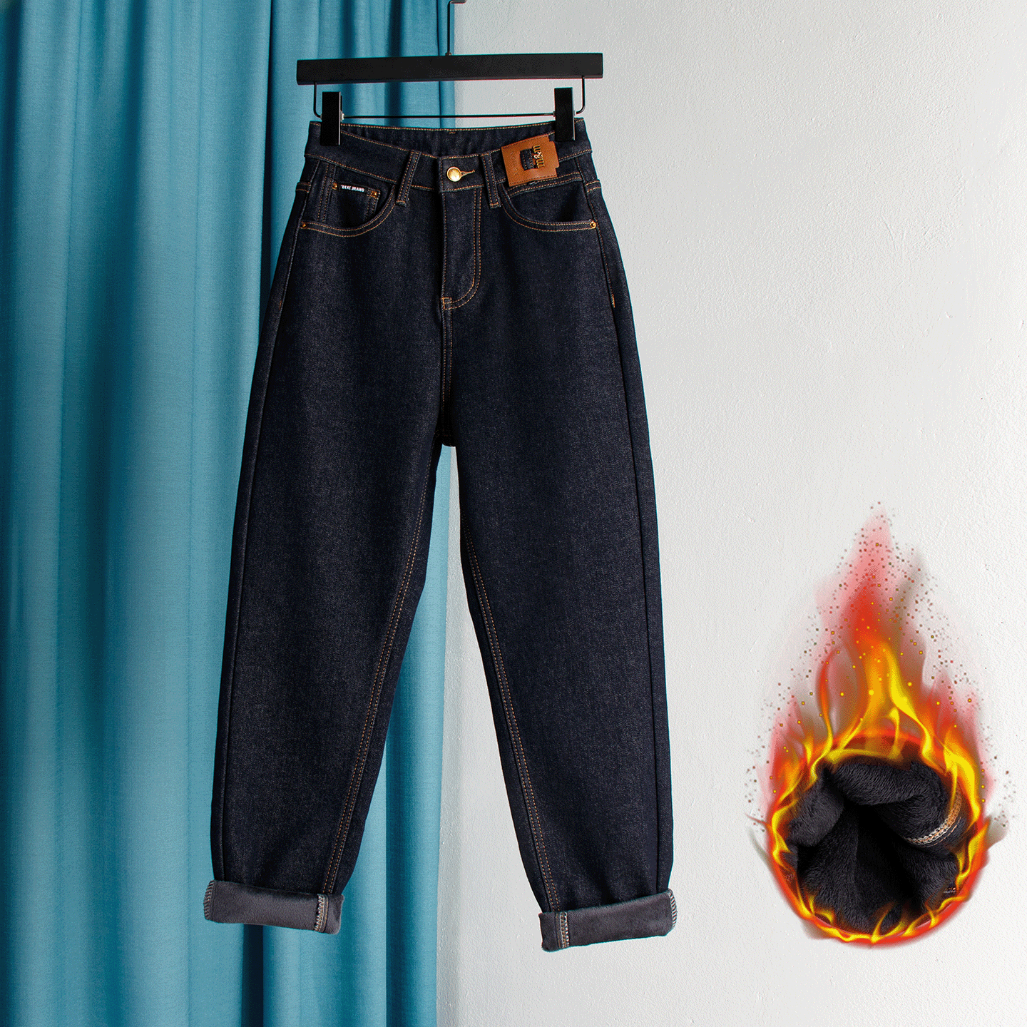 高腰显瘦哈伦牛仔老爹裤女加绒加厚哈伦裤宽松复古萝卜裤冬季