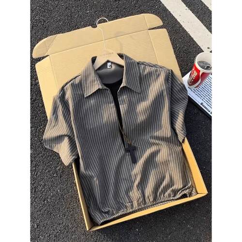 高级感拼接假两件条纹短袖衬衫男