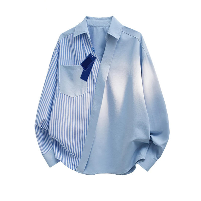 不对称设计长袖衬衫男秋季新款条纹拼接翻领衬衣宽松痞帅叠穿外套,男装,衬衫,淘宝优惠券,粉丝福利购,淘宝优惠卷