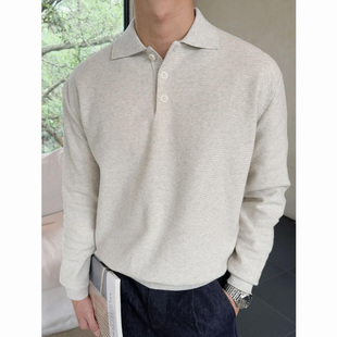 韩系穿搭肌理感织法极简衬衫领毛衣男cleanfit纯色针织衫时尚上衣