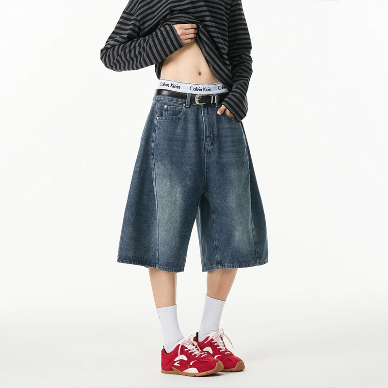 美式高街水洗牛仔短裤男宽松直筒
