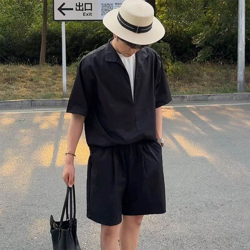 假两件拼接撞色短袖衬衫套装男