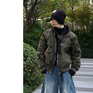 假两件迷彩工装棉衣男潮牌美式复古bomber短款廓形棉服冬季外套潮