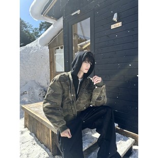 美式重磅迷彩连帽外套男bomber短款假两件棉服夹克冬季保暖棉衣潮