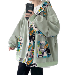 西海岸oversize外套男灯芯绒拼接碎花工装夹克美式连帽棒球服上衣