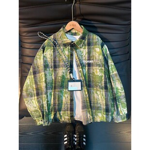 美式扎染格子衬衫男潮牌宽松大码时尚痞帅长袖衬衣春季叠穿外套潮