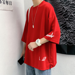 衫 七分袖 港风情侣百搭半袖 上衣大码 潮 男t恤宽松圆领潮流印花短袖