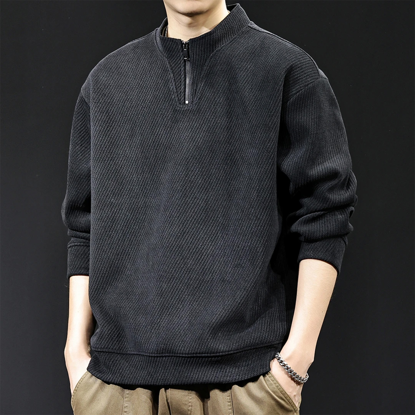 斜纹肌理感半高领拉链卫衣男外套