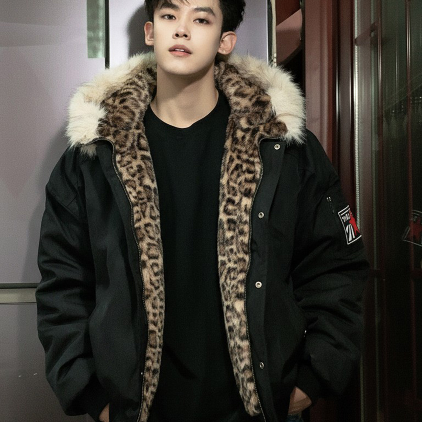 美式豹纹连帽座山雕棉服男外套