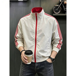 美式复古三条杠拼接撞色飞行夹克男秋季时尚立领棒球服休闲外套潮